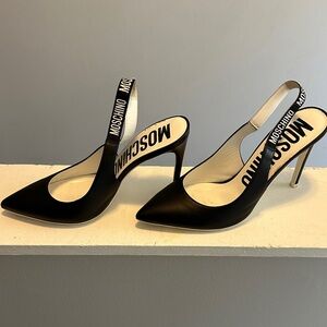 Moschino Black Slingback Heels with Logo Strap